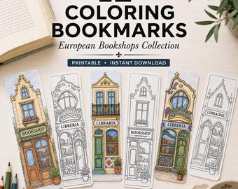 12 European Cozy Bookshop Coloring Bookmarks – Printable Set