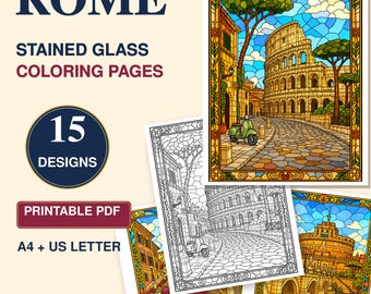 Rome Coloring Pages for Adults, 15 Stained Glass Printables, Italian Landmarks Coloring Book, A4 & US Letter PDF