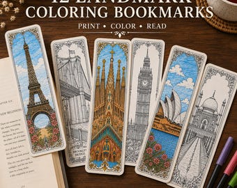 Printable  12  Coloring Bookmarks – Famous World Landmarks PDF