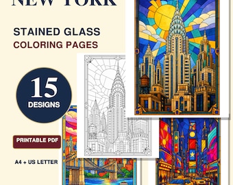 New York Coloring Pages for Adults, 15 Stained Glass Printables, NYC Landmarks Coloring Book, A4 and US Letter PDF