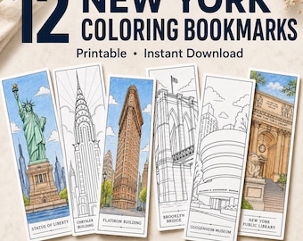 New York City Coloring Bookmarks, 12 Printable Landmark Designs
