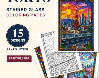 Tokyo Stained Glass Coloring Pages for Adults, 15 Japanese Landmark Printable Pages, Architecture Coloring Book PDF