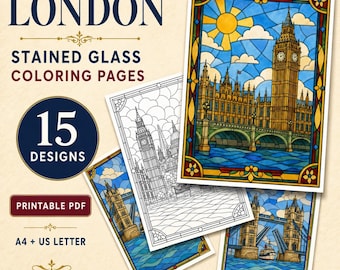 London Coloring Pages for Adults, 15 Stained Glass Printables, British Landmarks Coloring Book, A4 & US Letter PDF