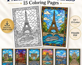 Paris Coloring Pages for Adults, 15 Stained Glass Printable Pages, French Architecture Coloring Book, A4 & US Letter PDF