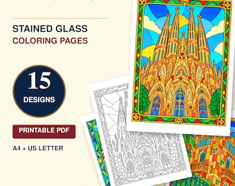 Barcelona Coloring Pages for Adults, 15 Stained Glass Printable Pages, Spanish Architecture Coloring Book, A4 & US Letter PDF