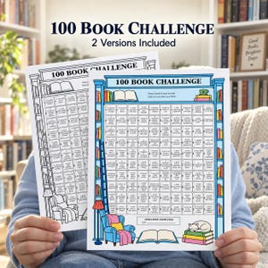 以下が含まれることがあります： 100冊読書チャレンジのトラッカーシート2枚。白黒版とカラー版があり、本棚、はしご、椅子、眠っている猫に囲まれた100個のプロンプトのグリッドが描かれています。テキストには「100 BOOK CHALLENGE」および「2 Versions Included」と記載されています。