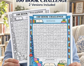100 Book Challenge Printable for Adults, Reading Prompts & Bookshelf Coloring Tracker PDF