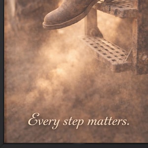 May include: Framed print featuring a close-up of a person's boot stepping onto a metal step. The image has a sepia tone, with the text "Every step matters." at the bottom. A decorative longhorn mount hangs above the frame.
