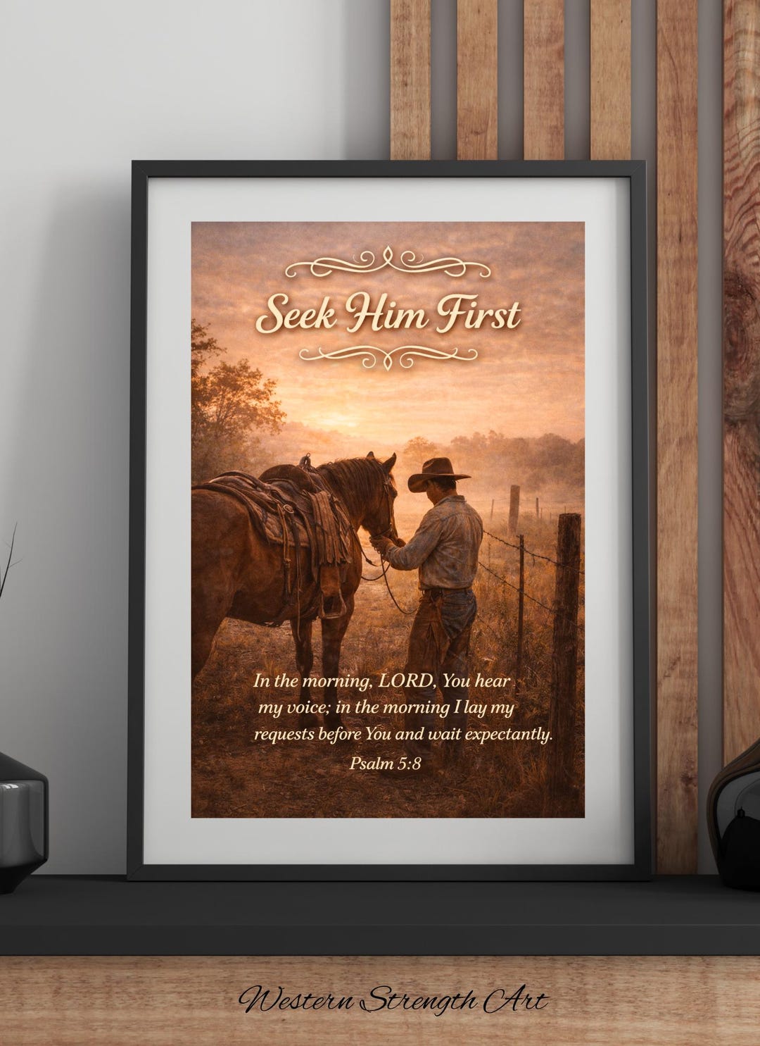 Christian Cowboy Print, Psalm 5:8 Scripture, Rustic Western Farmhouse ...