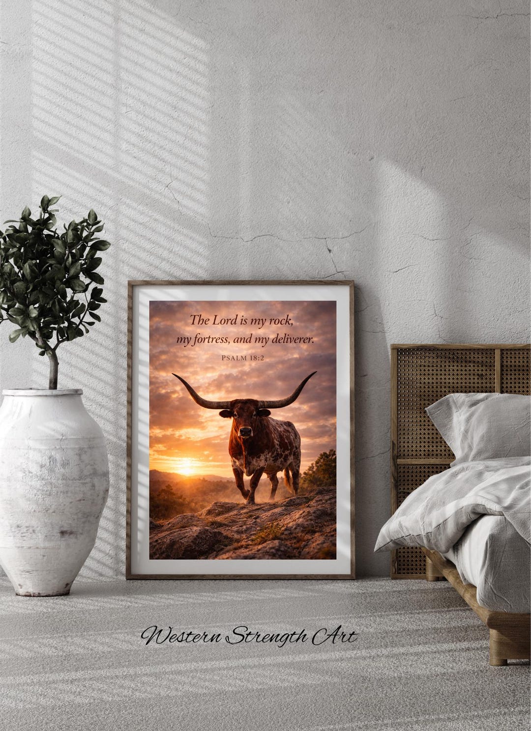 Bull Scripture Christian Longhorn Bull Art, Psalm 18:2 Scripture Print, Western ...