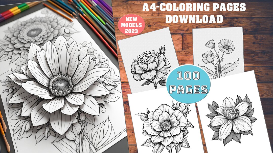 100 Printable Flower Coloring Pages PDF - New Models - Etsy UK