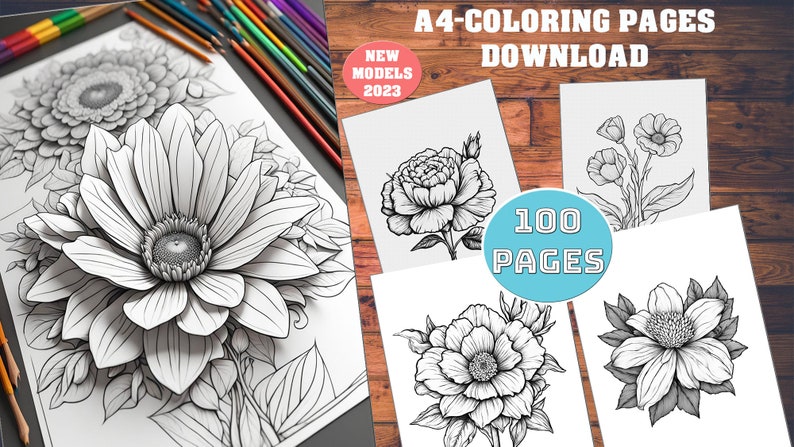 100 Printable Flower Coloring Pages PDF - New Models - Etsy UK
