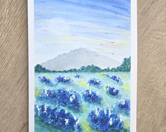 Original Watercolor Blue Wildflower Note Card: Hand-Painted Floral Landscape