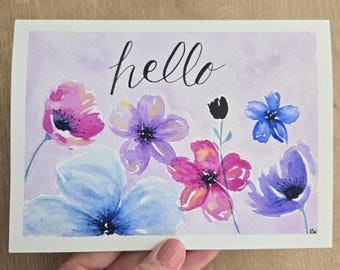 Watercolor Hello Note Card: Hand-Painted Botanical Floral Design