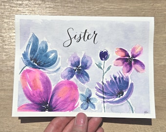 Hand-Painted Watercolor Sister Card: Botanical Floral Art