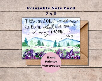 Watercolor Evergreen Mountain Landscape Note Card: Printable Psalm 34 KJV Purple Floral Landscape (PDF)