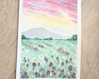 Original Watercolor Pink Wildflower Note Card: Hand-Painted Floral Landscape