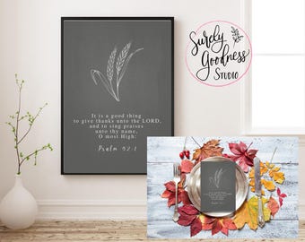 Printable Thanksgiving Autumn Bible Verse Poster Wall Art, Plate Cards, Psalm 92:1 KJV Bible Verse Cards, Modern Aesthetic Charcoal Print