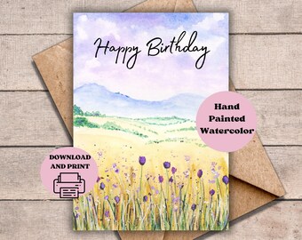 Watercolor Floral Birthday Card: Purple Wildflower Mountain Landscape (Print at Home)