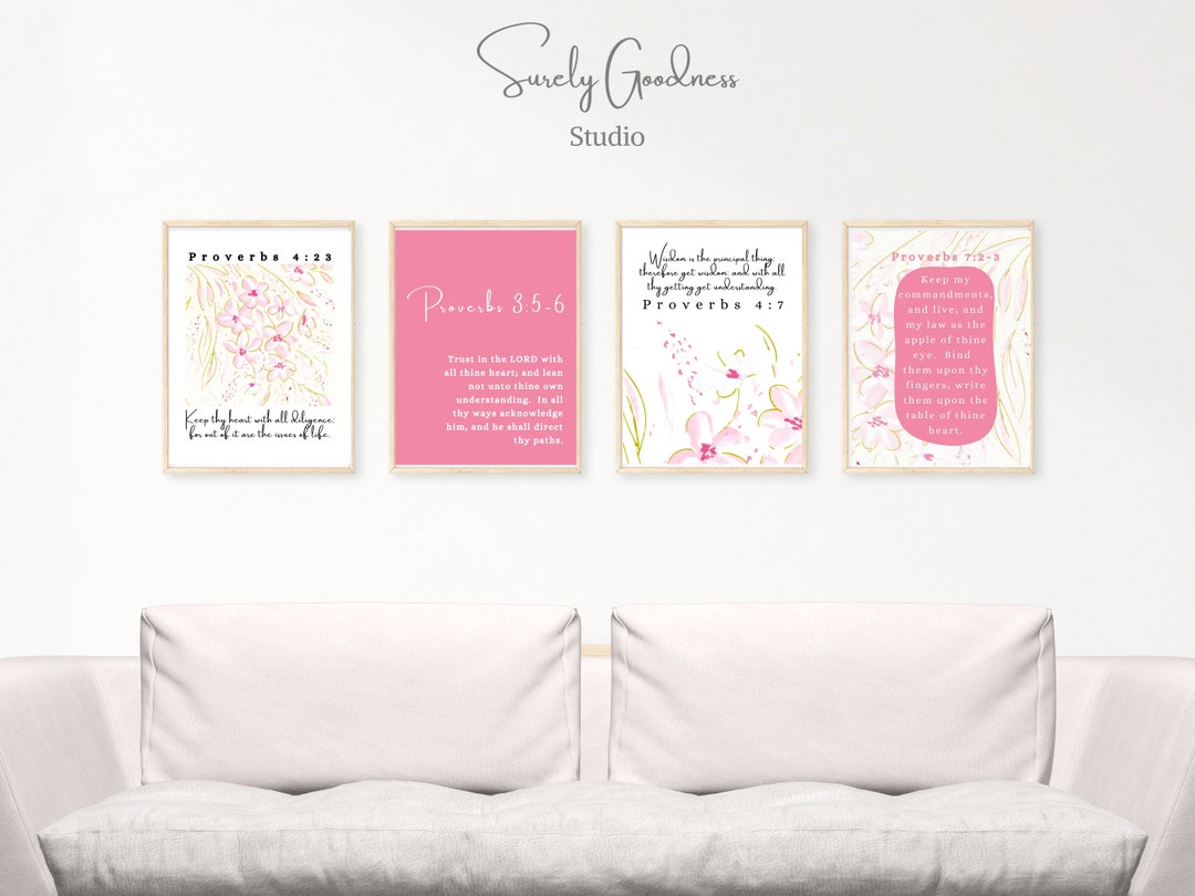 Bible Verse Wall Art Set of 4, Christian Wall Art Bundle in Pink ...