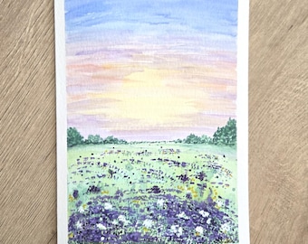 Hand Painted Watercolor Lavender Card: Wildflower Landscape, Blank Inside