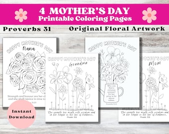 Mother's Day Coloring Pages: Hand-Drawn Floral Illustrations, Proverbs 31 (Digital Download)