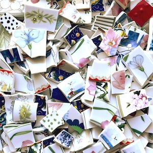 May include: A collection of broken ceramic tiles with floral, geometric, and landscape designs. The fragments feature a variety of colors, including blue, pink, green, and white. Some tiles have a polka dot pattern, while others display the letter "T".