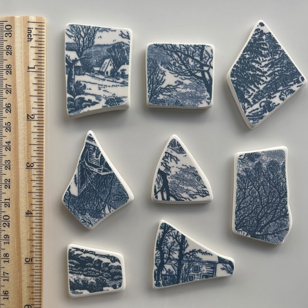 Blue and White Mosaic Pieces - Tumbled Porcelain - Vintage China Pieces- Currier and Ives 1 1/2" - 2" - 8 Piece Set