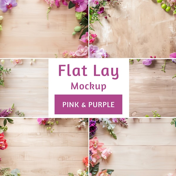 12 Flat-Lay Background Mockups - Wooden Pink and Purple Floral flat-lay Background JPGs Bundle - Digital Product Background