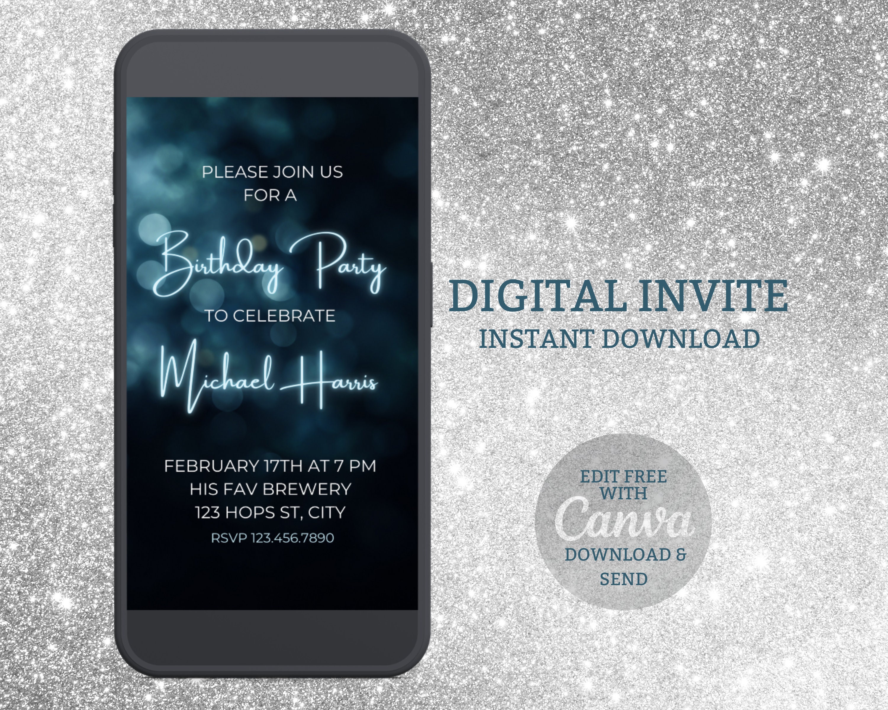 Invite Text Deep Blue Bokeh Birthday Party Text Invitation Template, Editable ...