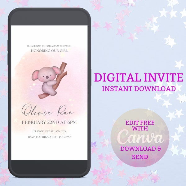 Koala Baby Shower Text Invitation Template, Editable Baby Shower Invitation, Instant Download, Baby Animals