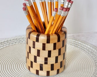 Handmade Wooden Pencil Pen Holder, Desk Accessory, Office School Supplies, Hand Turned Segmented Jar, Gift Ideas for Teachers Students