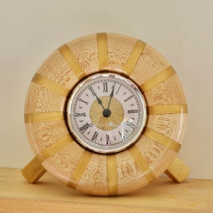 Desk Clock Maple and Yellowheart Wood Turned, Polished Chrome Trim, Yellowheart Stand, Office Clock, Handmade Mantel Clock, Wood Table Shelf
