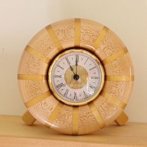 Wooden Desk Clock Hand Turned from Maple and Yellowheart Wood, Polished Brass Trim, Office Clock, Handmade Mantel Table Shelf Clock