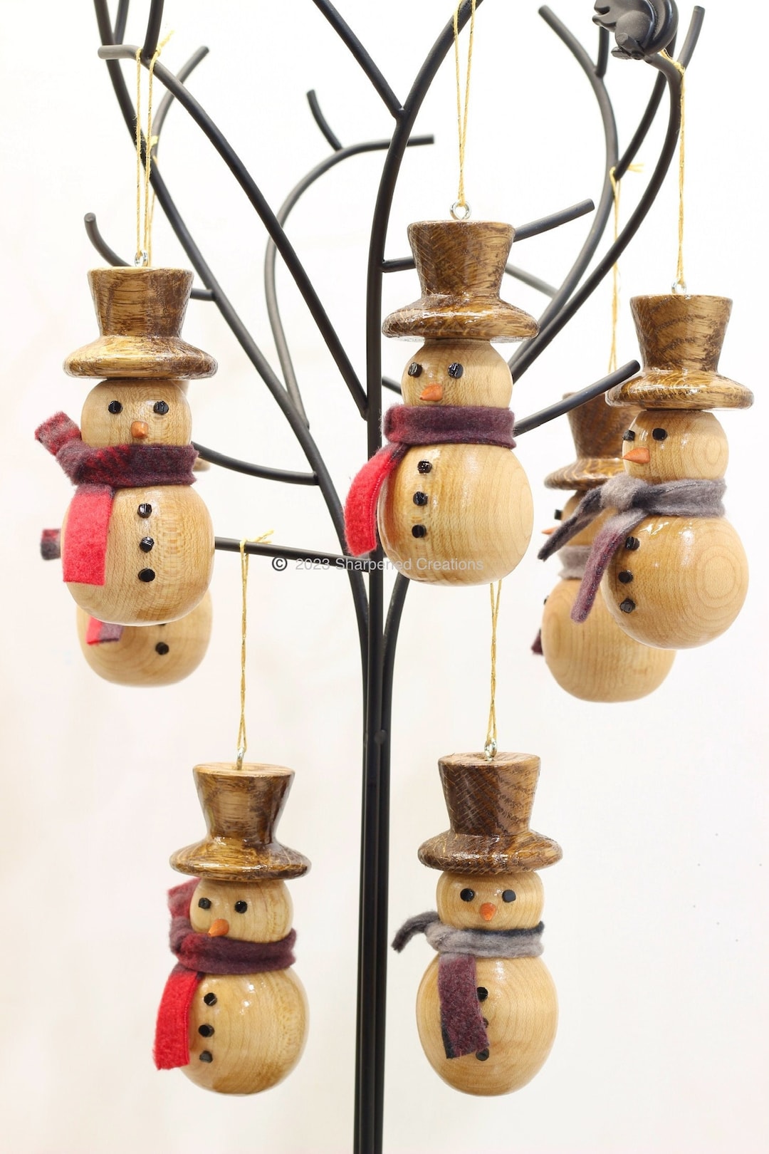 Wood Snowman Christmas Tree Ornament With Scarf, Decorative Hand Turned