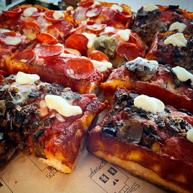 California Detroit style pepperoni and mushroom square pizza slices made from our delicious sourdough starter