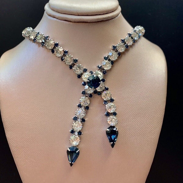 Vintage Dior By Kramer Braided Cross Tie Blue Rhinestone Choker Unsigned