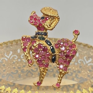 Vintage Swoboda Natural Ruby Sapphire Poodle 24K Gold-plated Brooch Signed