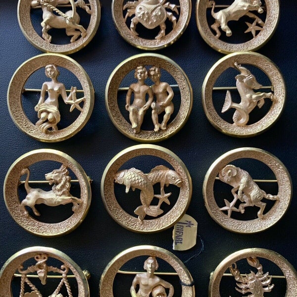 1960’s Vintage Trifari Zodiac Brooch Pin Set. 12 Pcs Complete Set. Poster Piece