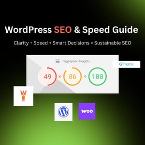 Może przedstawiać: Grafika promująca SEO i szybkość WordPressa. Tekst brzmi "WordPress SEO & Speed Guide" i "Clarity + Speed + Smart Decisions = Sustainable SEO". Zawiera wyniki PageSpeed Insights 49, 86 i 100, a także logo WordPress i Woo.