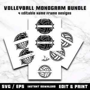 Könnte beinhalten: Ein digitales Grafikset mit dem Titel VOLLEYBALL MONOGRAM BUNDLE 4 editable name frame designs, das schwarz-weiße Illustrationen von Volleybällen mit integrierten Bannern für Text zeigt. Die Sammlung enthält SVG- und EPS-Dateiformate.