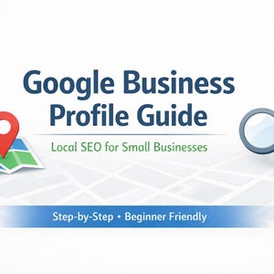 May include: A graphic promoting a Google Business Profile Guide. The image features a map with a red location marker, a magnifying glass, and the text "Google Business Profile Guide" and "Local SEO for Small Businesses."