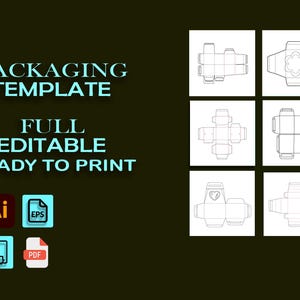 May include: Packaging template design with the text "PACKAGING TEMPLATE FULL EDITABLE READY TO PRINT". Includes file type icons for Ai, EPS, JPEG, and PDF. Features six different box design templates in a grid.