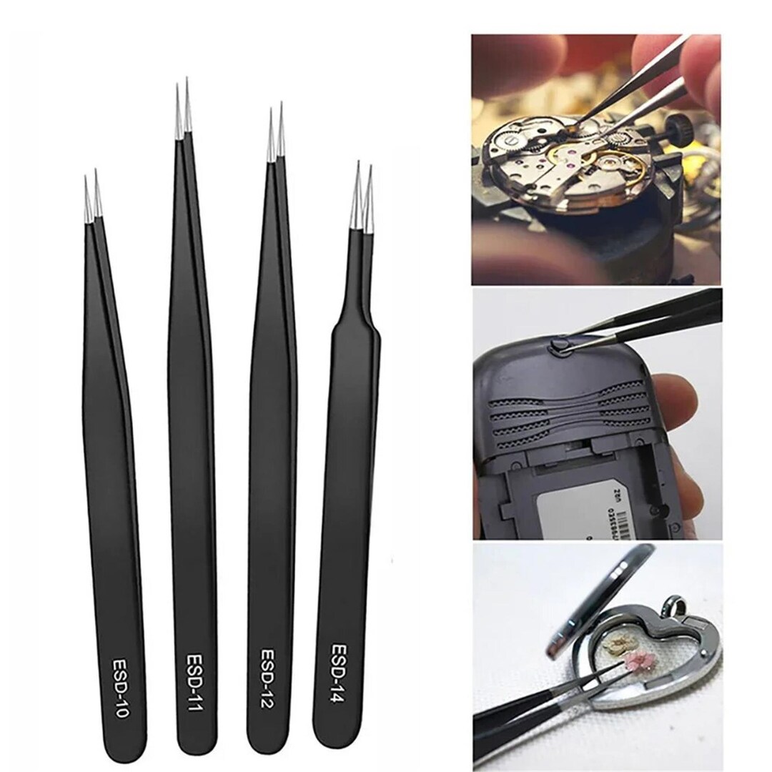2/6pcs Precision Tweezers Set ESD Antistatic Stainless Steel Tweezers