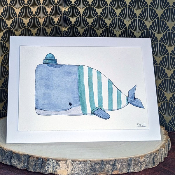 Cute Whale Watercolor Card for Birthday, Baby Shower, Mother's Day, Anniversary, Get Well Soon, 5x7, Original Hand-Drawn Art