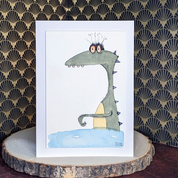 Sea Monster Watercolor Card for Birthday, Father's Day, Mother's Day, Anniversary, Get Well Soon, 5x7, Original Hand-Drawn Art