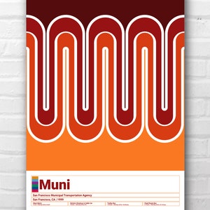 May include: A retro-style poster for the San Francisco Municipal Transportation Agency, known as Muni. The poster features a colorful abstract design with wavy lines in shades of orange, red, and brown. The text "Muni" is displayed in a bold, colorful font.