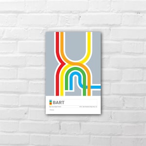 May include: A poster featuring a colorful, abstract design of the BART transit system map. The design includes red, orange, yellow, green, and blue lines on a gray background. The BART logo and text are at the bottom.