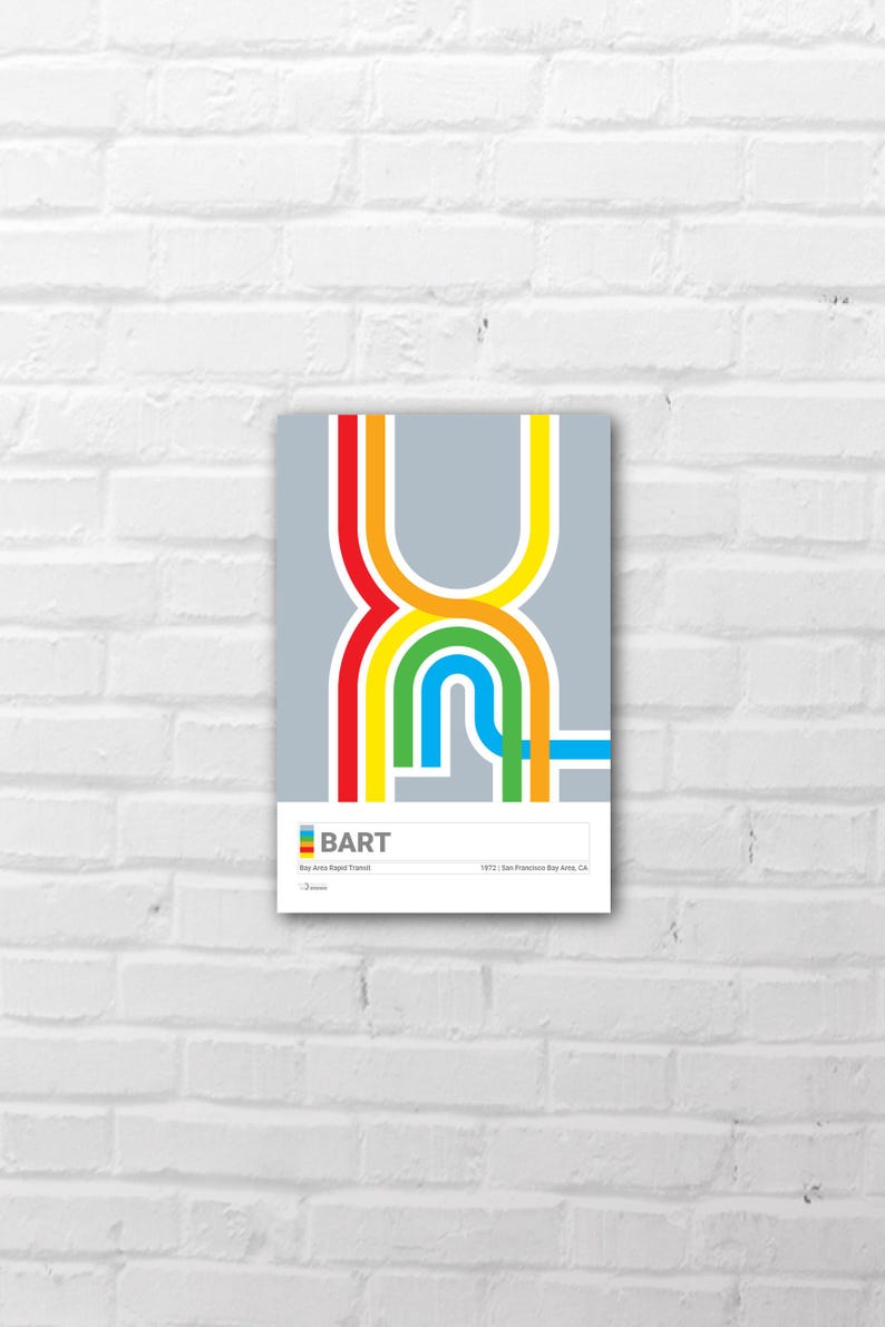 May include: A poster featuring a colorful, abstract design of the BART transit system map. The design includes red, orange, yellow, green, and blue lines on a gray background. The BART logo and text are at the bottom.