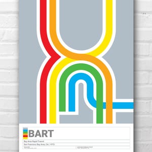 May include: A poster featuring a stylized design of colorful, interconnected lines in red, orange, yellow, green, and blue against a gray background. The BART logo and text are at the bottom, indicating the Bay Area Rapid Transit system.